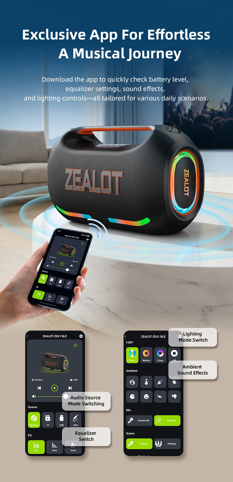 Zealot ZE41M 250W Power Wireless Microphone Speaker IPX6
