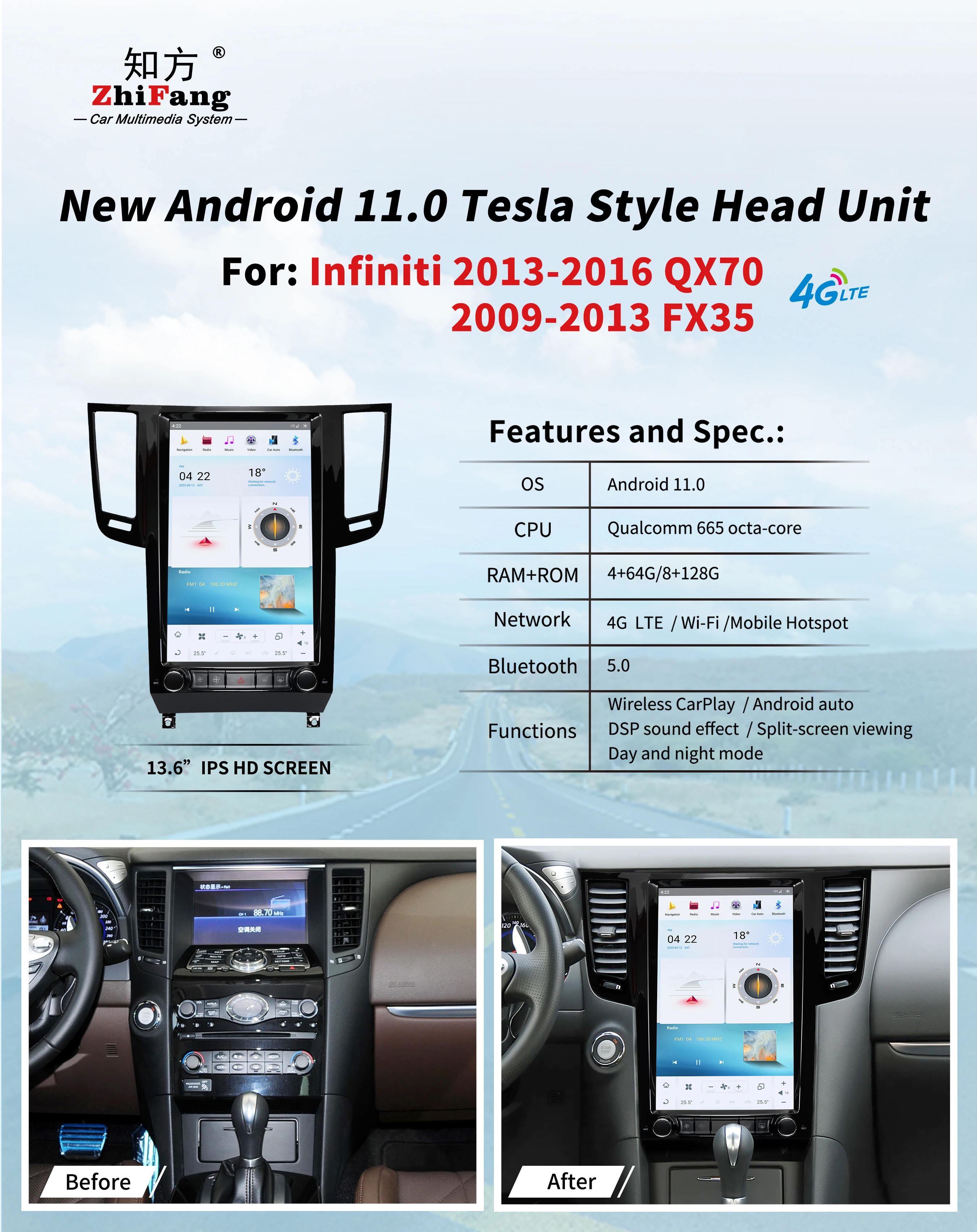 Autoradio Android 13.6 Pouces Avec CarPlay Et GPS - Pour Infiniti QX70 2013-2016 - Écran Tactile - Neuf