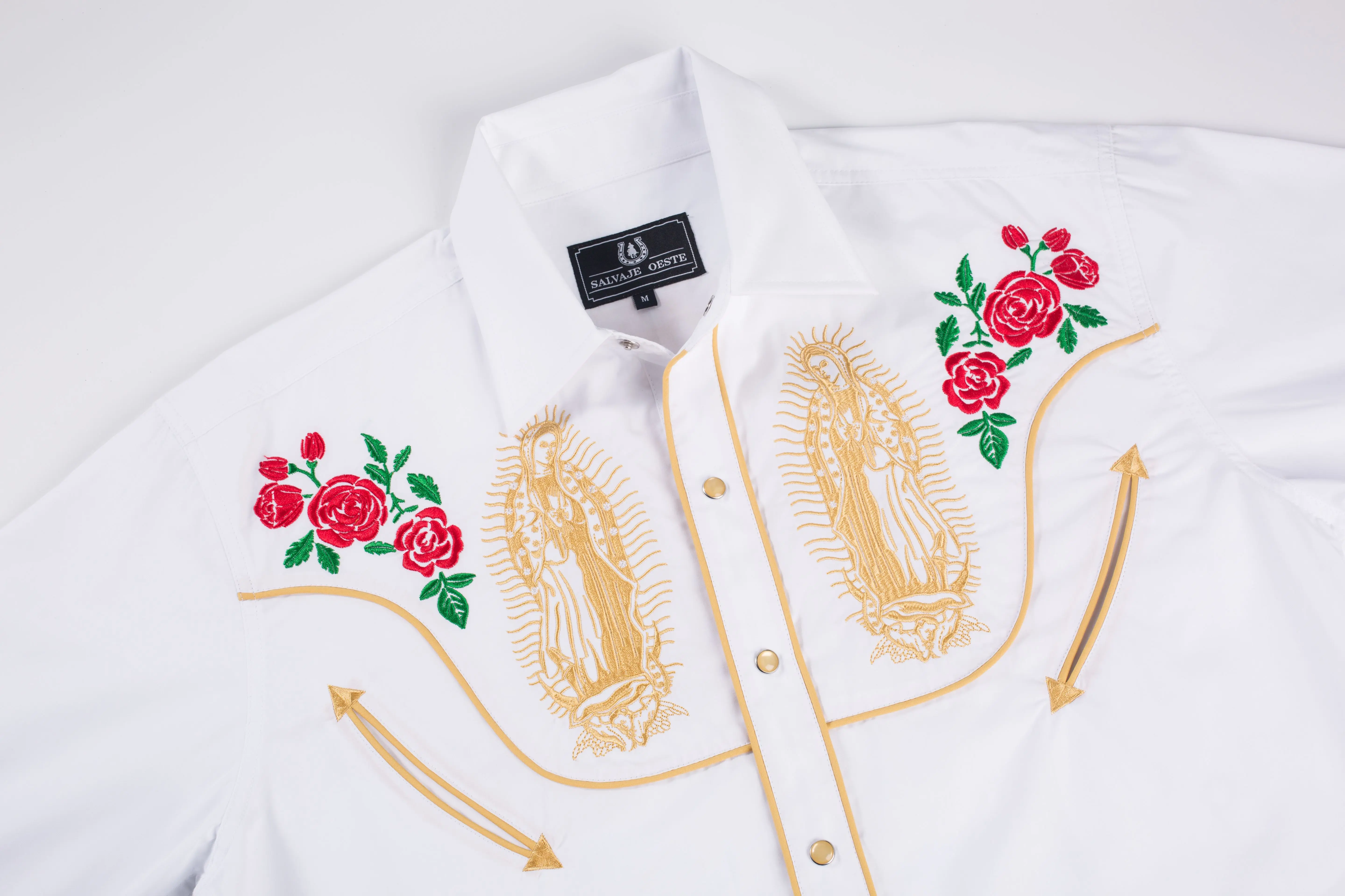 Herren-Langarmhemd mit Druckknopfverschluss „Lady of Guadalupe“-Stickerei im Westernstil908_voghion.com