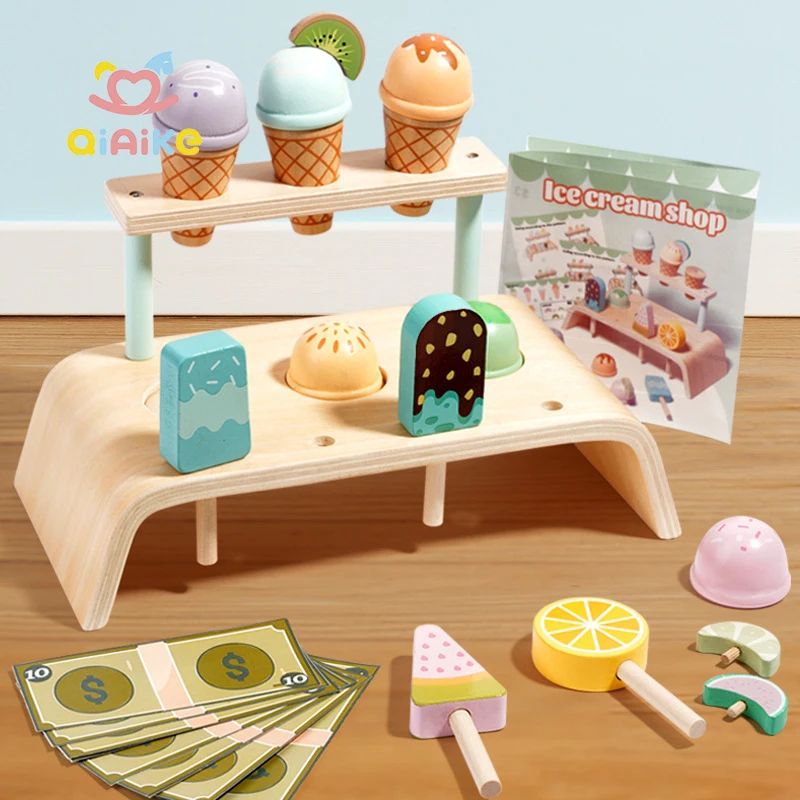 オーダーメイドモンテッソーリおもちゃ 木製アイスクリーム・ポップスティック玩具 ごっこ遊び用フードキッチンアクセサリー 子ども用木製アイスクリームスタンド