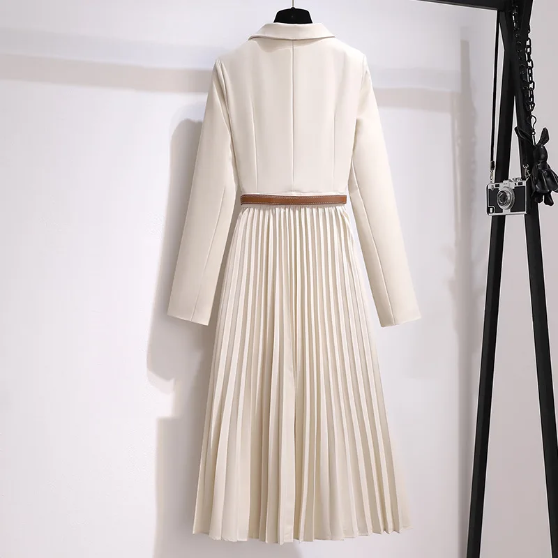 Women Slim Pleated Maxi Dress with Belt Female Streetwear Vintage Dress Tie  Front Robe Suit Coat Women's Dress