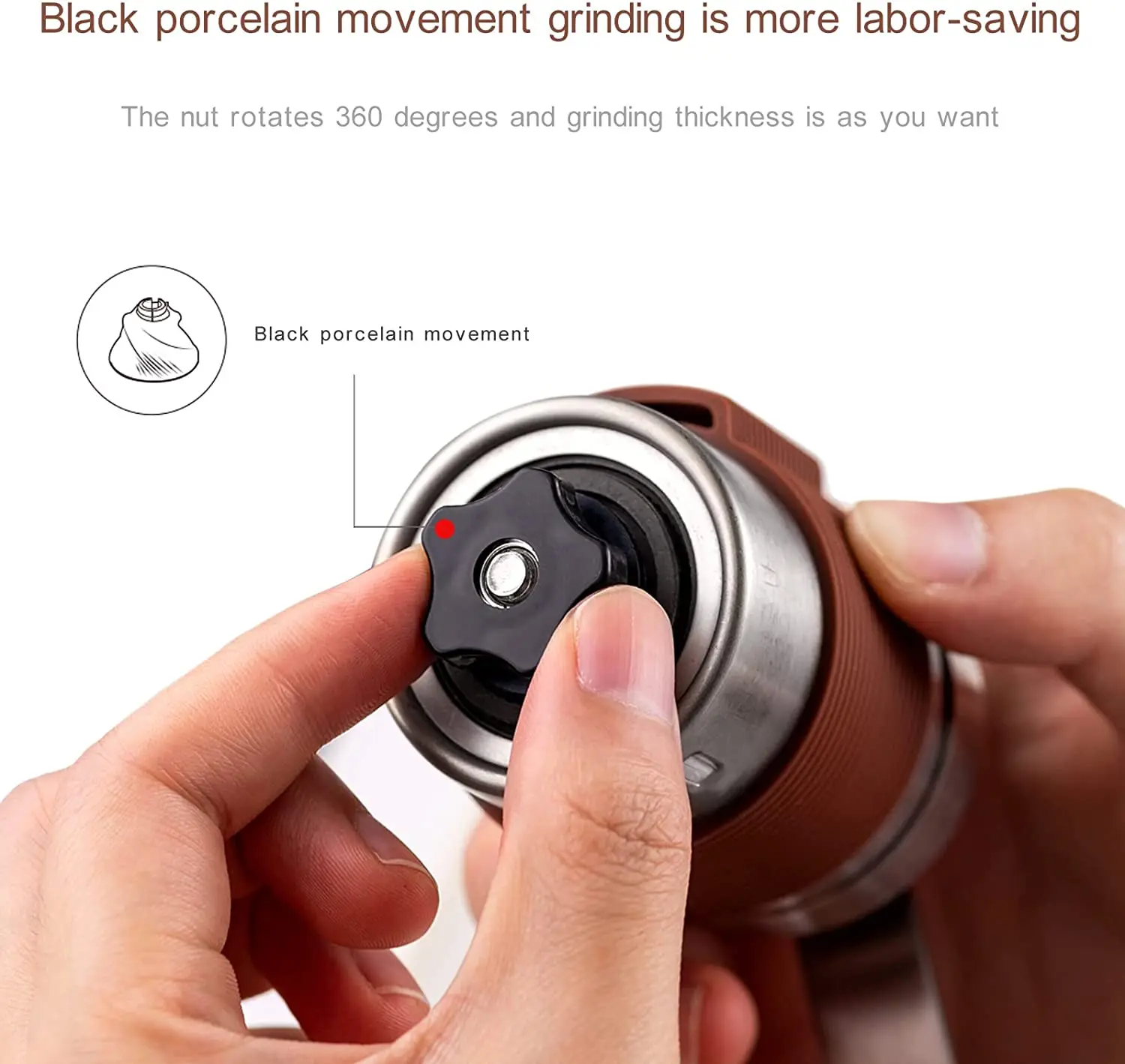 Moedor de café manual em aço inoxidável 304 com alça manual, caixa transparente com balança para café