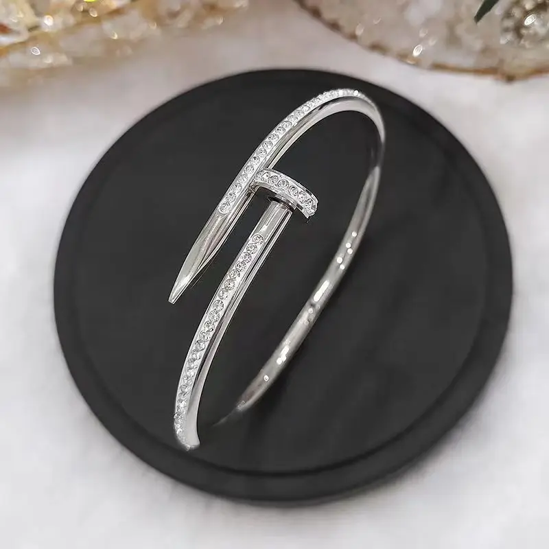 Designer Inspired Jewelry Branded Non Tarnish 18k Pvd Gold Plated Stainless Steel Cz Diamond Nail Bangle Bracelet  for Women
