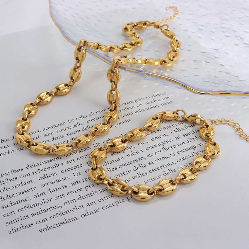 Vintage Thick Coffee Bean Necklace Bracelet Set 18K Gold Plated Stainless  Steel 8MM Coffee Bean Link Chain Choker Necklace| Alibaba.com