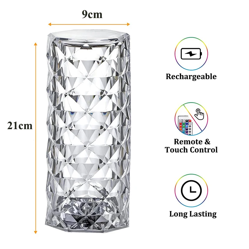 现代发光二极管玫瑰水晶台灯16色变色RGB USB充电浪漫发光二极管台灯卧室客厅