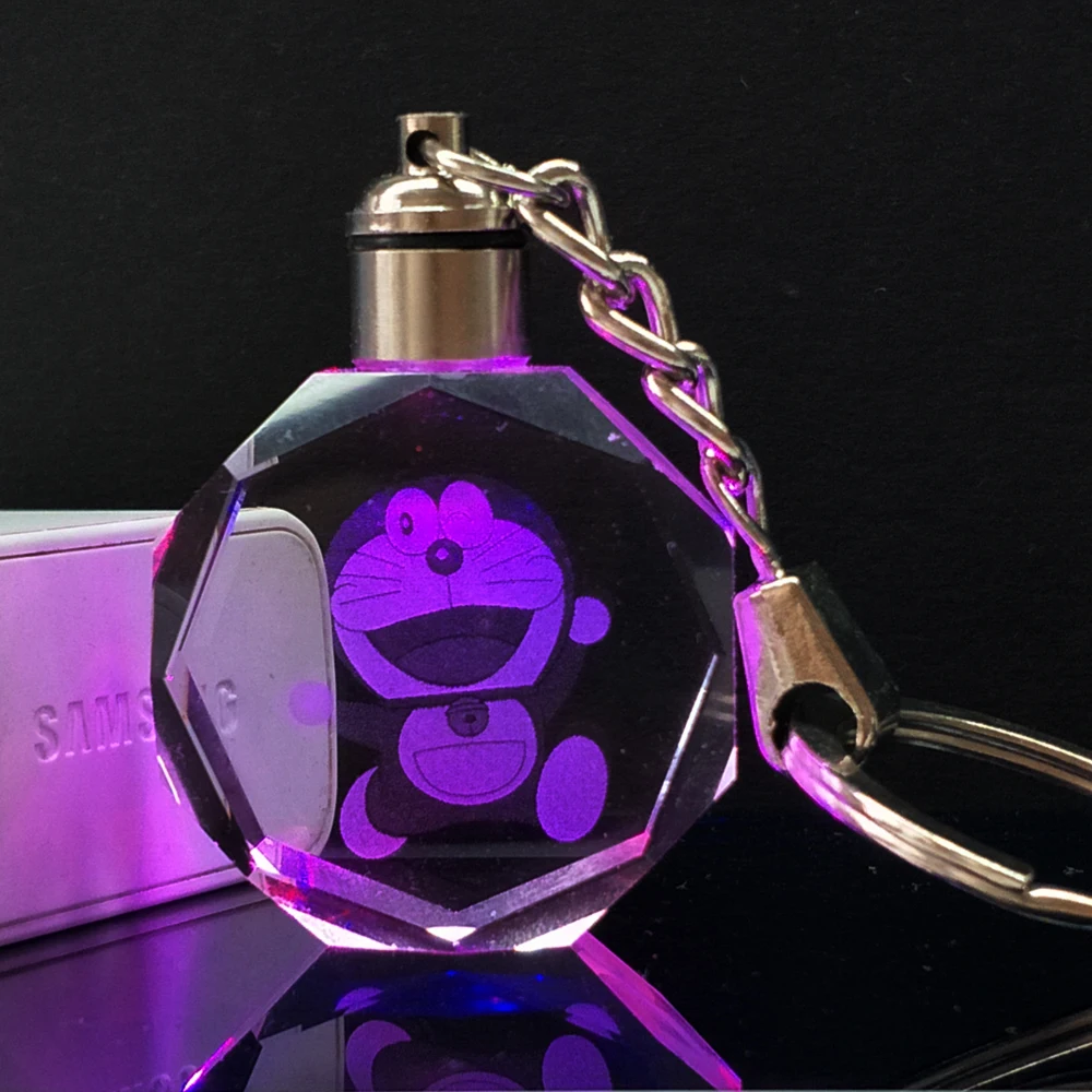 Custom Design Carton Figure Doraemon Laser Inside Crystal Glass Keychain Key Ring Holder Souvenir Gift  Promotion Kids Gift