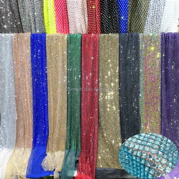 SH008 Wholesale Soft colorful Square Stretch Rhinestone Fabric Mesh Crystal Glass Rhinestone Fishnet Mesh For Dress