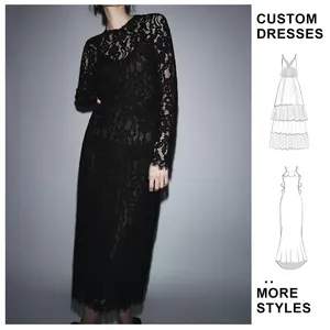 Custom Ladies Black Sexy Lace Dresses Women Round Neck Long Sleeve Slim Long Dresses  Anti-Static Women Elegant Edition Dresses