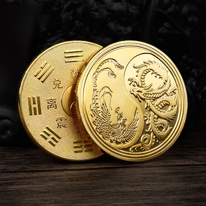 希商品中財黄金MADE BY YIN Q I アンティーク金属工芸コレクション Chinese Gold Coin Dragon and Phoenix Tai Chi Kung Fu