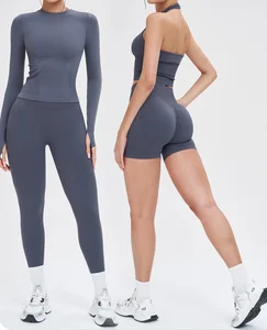 Customized Women Tracksuit Long Sleeve Gym Fitness Clothes Workout Top High Waist Yoga Pants Leggings Two-Piece Set for Women