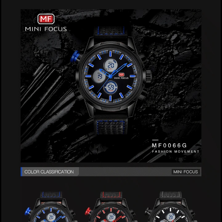 2021 New Mini Focus MF0066G Unique Design 3 ATM Water Resist  Quartz or Electronic Movement Digital Sports Mens Quartz Watches