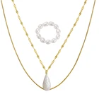 Necklace Set GPS5 Handmade Real Cultured Round Pearl Rings 14k Gold Plated Box Chain Freshwater Pearl Pendants Double Layer Necklace Set