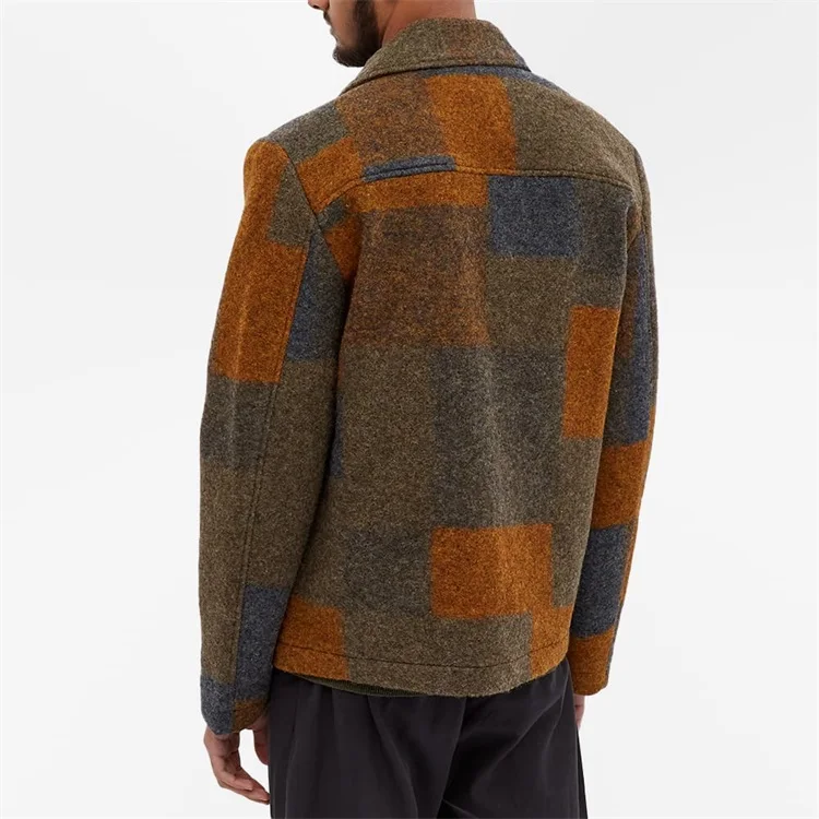 OEM Custom Boxy Fit Check Pattern Front Pockets Color Block Wool Jacket for Men