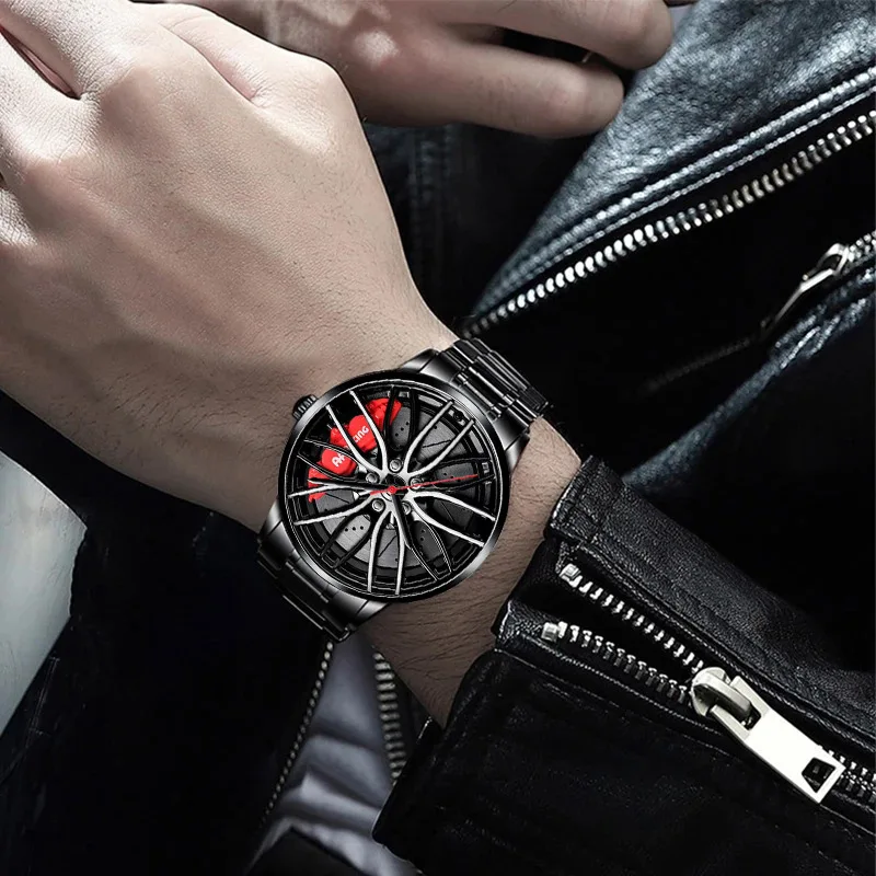 Fashion Car Wheel Watch - 3D Hollow Dial, Stainless Steel Band
