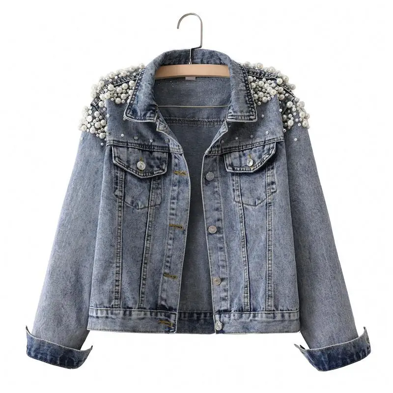 Pearl-Embellished Floral Mustard Denim Jacket