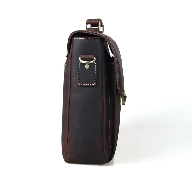 OEM Custom Vintage Style Brown Crazy Horse Leather Mens Shoulder 14 Inches Laptop Bag Leather Messenger Briefcase