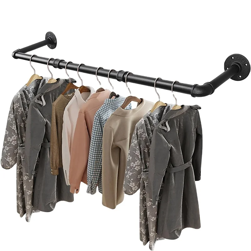 YIJIALE Wall Mounted Iron Garment Bar Clothes Display Rack Industrial Pipe Black Clothing Rack