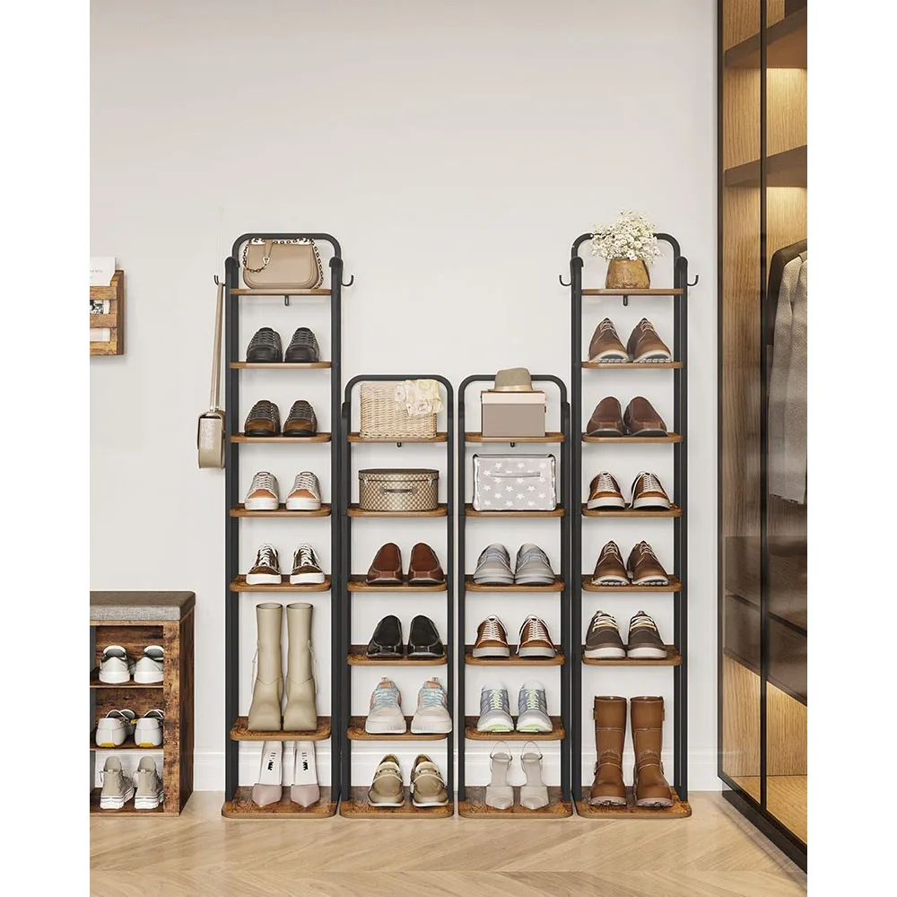 8-Tier Vertical Shoe Rack Wooden Narrow Shoe Tower with 2 Hooks for Entryway and Living Room Organizer for Tall Shoes supplier