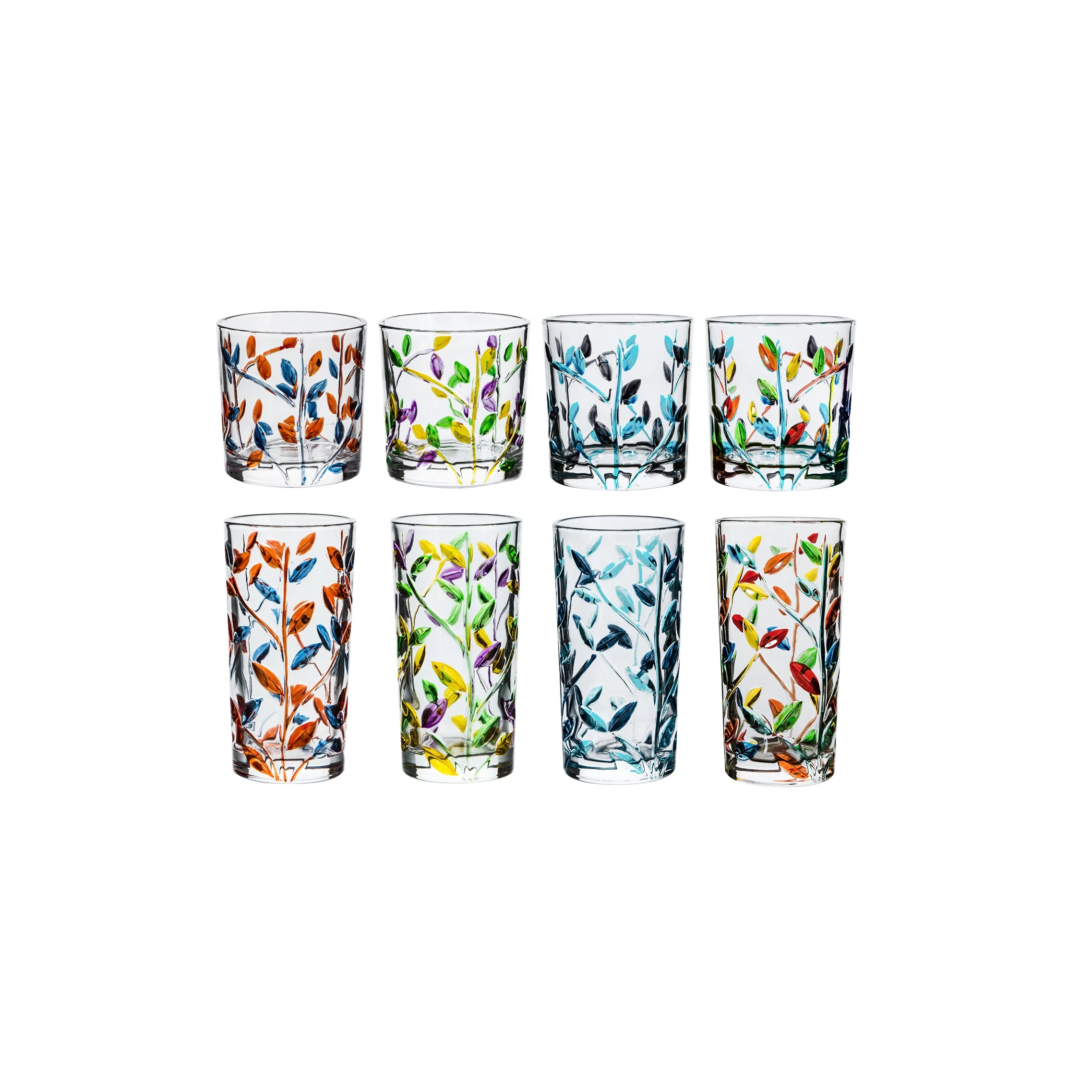 Creative Hand Painted Colorful Leaf Twig Embossed Mouth Blown Classic Highball Glasses Tall Beverage Cups
