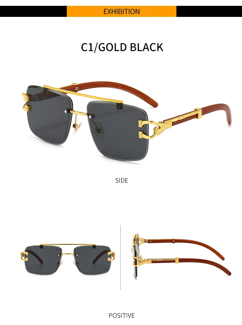Fashion Leopard Double Bridge Square Rimless Sunglasses Men Luxury Brand Wood Grain Leg Light Blue Sunglasses