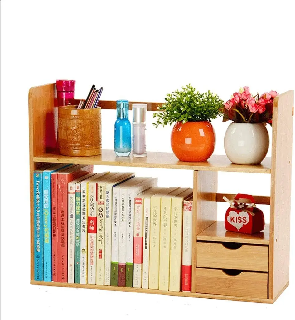 Bamboo Double Drawers Desktop Bookshelf with Open Bookshelves Storage Organizer Display Rack and Two Bookcase