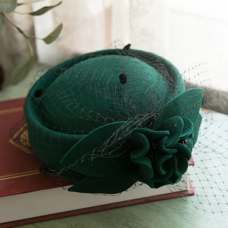 Women\'s Church Wedding Winter Vintage Fascinator Beret Wool Felt Veil Hat Green Green Church Hat - Gem main image 3