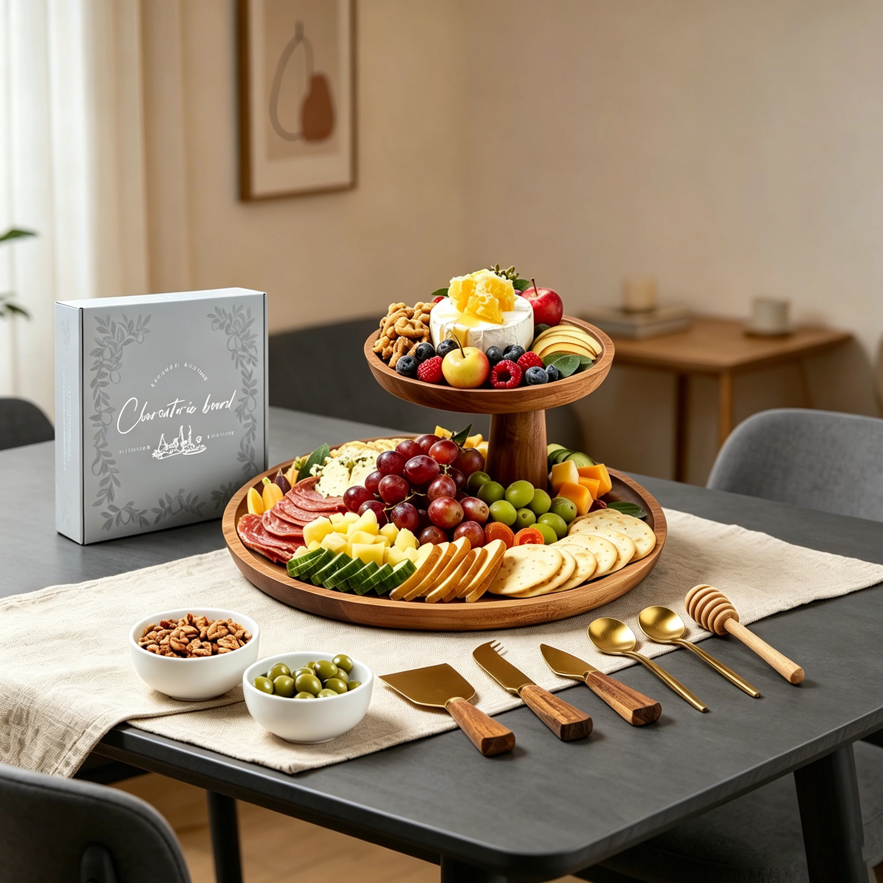 Acacia Wood Cheese Board 2 Tier Charcuterie Board Set Round Cheese Serving Tray with Knives Bowls Honey Dipper for Party