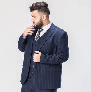 Plus-size Men's Suit Dark Blue Thick Strip Business Casual Loose Single Row Double Buckle Suit 3 Pieces