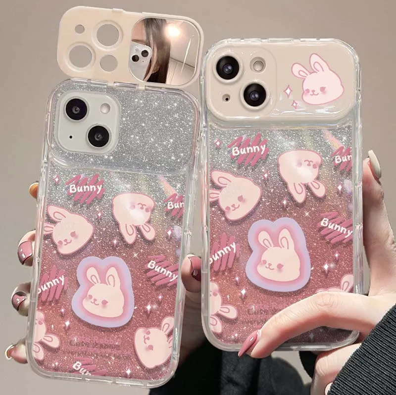 Cute Rabbit Fold Mirror Camera Stand With Bracelet TPU Mobile Phone Cover Case for Iphone 17 8 X Xr Xs 11 12 13 14 15 16 Pro Max