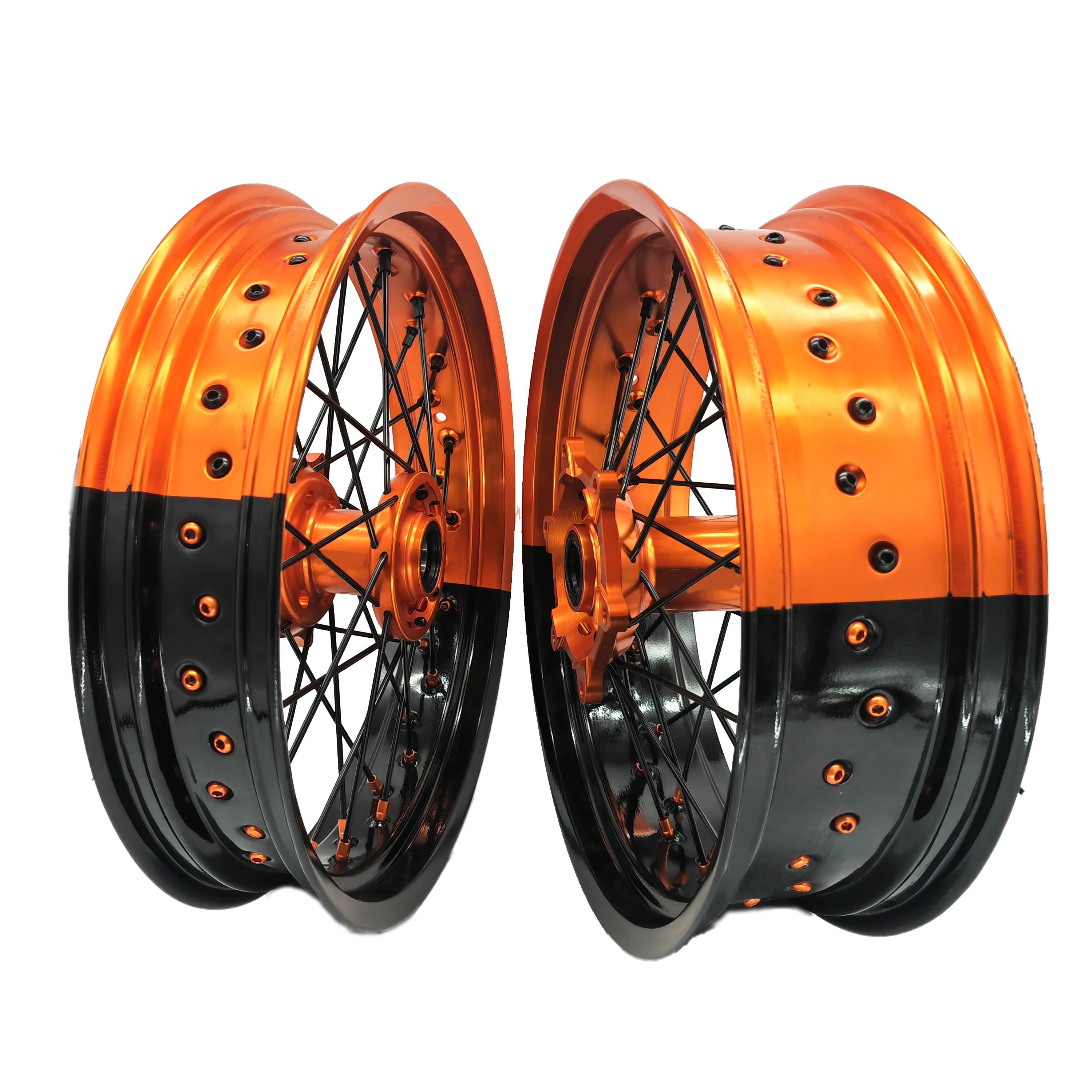 KTM Supermoto Wheel Set, CNC Machined, Orange Rims, OEM