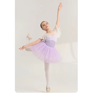 Girls' Soft Dance Leotards Gauze Elastic Splicing Cotton Ballet Ballroom Gymnastic Performance Training Clothes