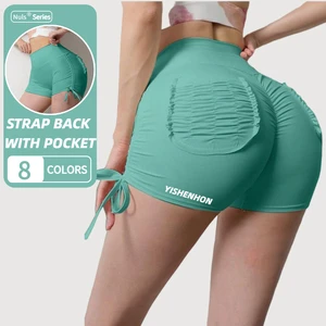 For YISHENHON 2026 New Fashion Custom Logo Women's Gym Shorts High Elasticity Mid Waist Workout Booty Yoga Shorts with Pocket