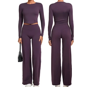 Women's Solid Color Sports Set Long Sleeved Skin Friendly High Waisted Workout Clothes Fitness Yoga Set with logo on the Front