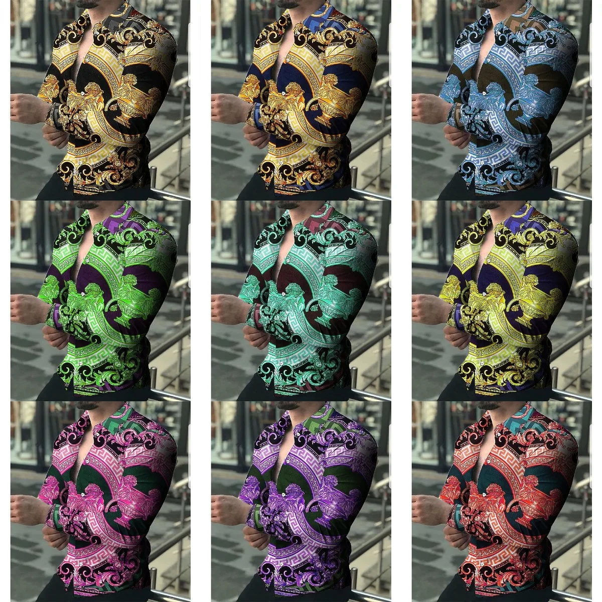 Camicia da uomo grafica Paisley colletto classico verde nero casual quotidiano manica lunga abbigliamento camicia classica di design899_voghion.com