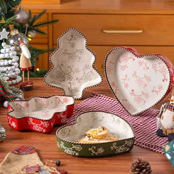 Classic Shaped Ceramic Baking Pan for Dessert Creative Deep Dish Plate Underglaze Color for Party Christmas Plate Pizza Plate