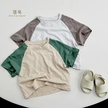 Children's shoulder matching color T-shirt summer new cotton short sleeve loose casual top