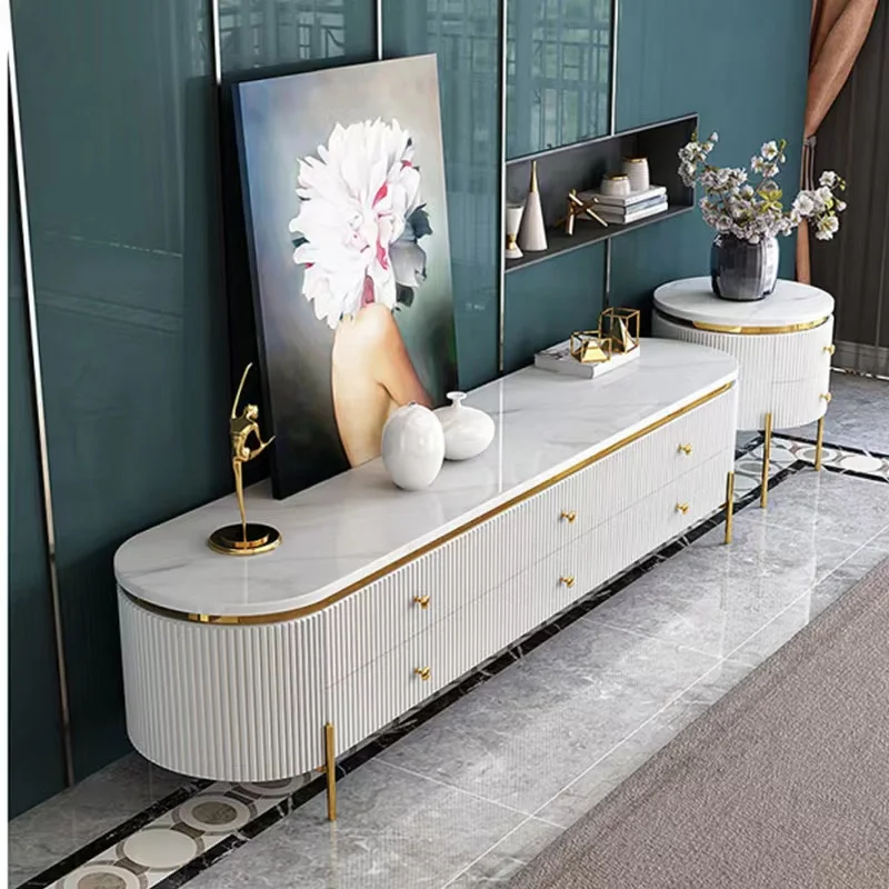 Luxury Marble Top Gold Stainless Steel Leg Tv Stand And Gold Coffee