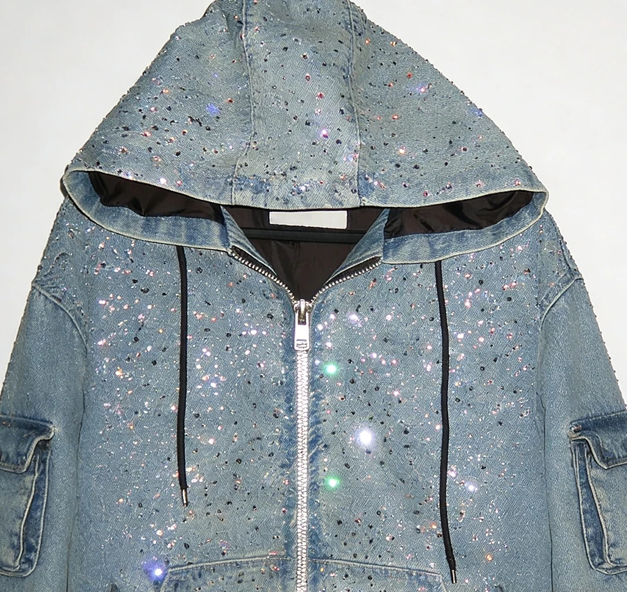 Custom High Quality Rhinestone Jacket Man Crystal Streetwear Oversized Baggy Applique Patch Men Zip up Denim Hoodie details