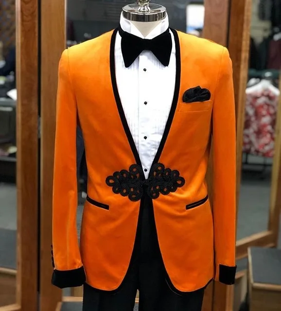 新款橙色天鹅绒男士西装服装homme婚礼男式礼服男士礼服礼服修身新郎