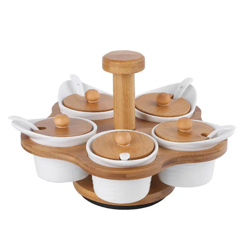 Ceramic Food storage jar Porcelain spicy jar for 5pcs set with bamboo holder and ceramic spoon