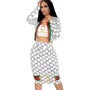 Customize Brand Famous Designer Women's Vintage Woven Print Polyester Sexy Skirt and Top 3-Piece Set for Wear Minimum Order 2pcs