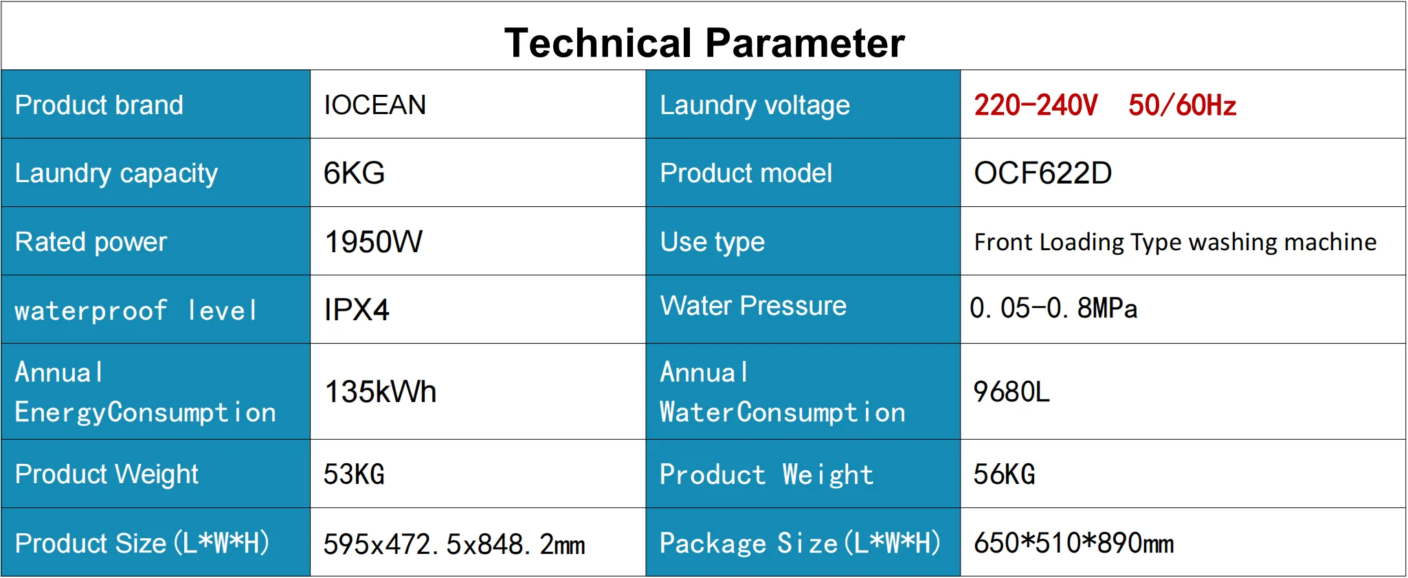 Ocean Marine Fully Automatic Washing Machine 6kg Home Use Boat Cabin Use High Quality White Front Load Washer