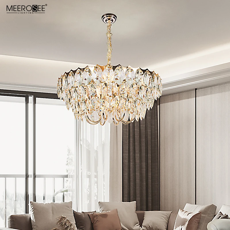 MEEROSEE K9 Crystal Leaf Pendant Light Modern Chandeliers Sitting Room Lighting Hanging Lights for Living Room MD86800