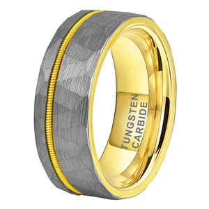 Coolstyle Jewelry 8mm Gold Hammered Tungsten Ring for Men Women Rose Gold Guitar String Inlay Fashion Engagement Wedding Band