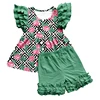 Pink Rose Geometric Green Ruffle Sleeve Short Set