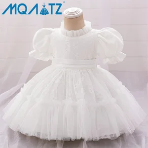 MQATZ Summer Lace Ball Gown for Girls Solid White Satin Dress with Floral Pattern for Birthday Parties Baby Baptisms-L2292XZ