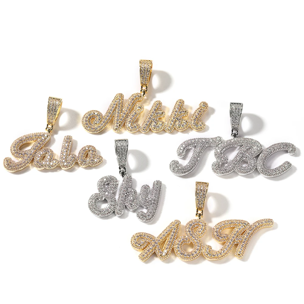 Square Tennis Chain Cursive Letter Iced Out Personalized Nameplate Bling Necklace Custom Diamond Name Pendant