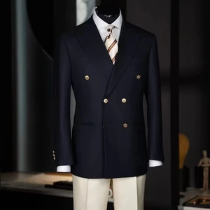 Italy High Quality Wool Dark Navy Business Suit for Men Bespoke Slim Fit Double Breasted Coat Pant Plus Size 2 Piece Breathable