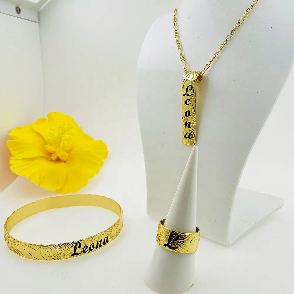 JX242 Customize Name Ring Initial Vertical Necklace Bracelet Set Hawaiian Samoa Jewelry Wholesale Personalized Birthday Gift