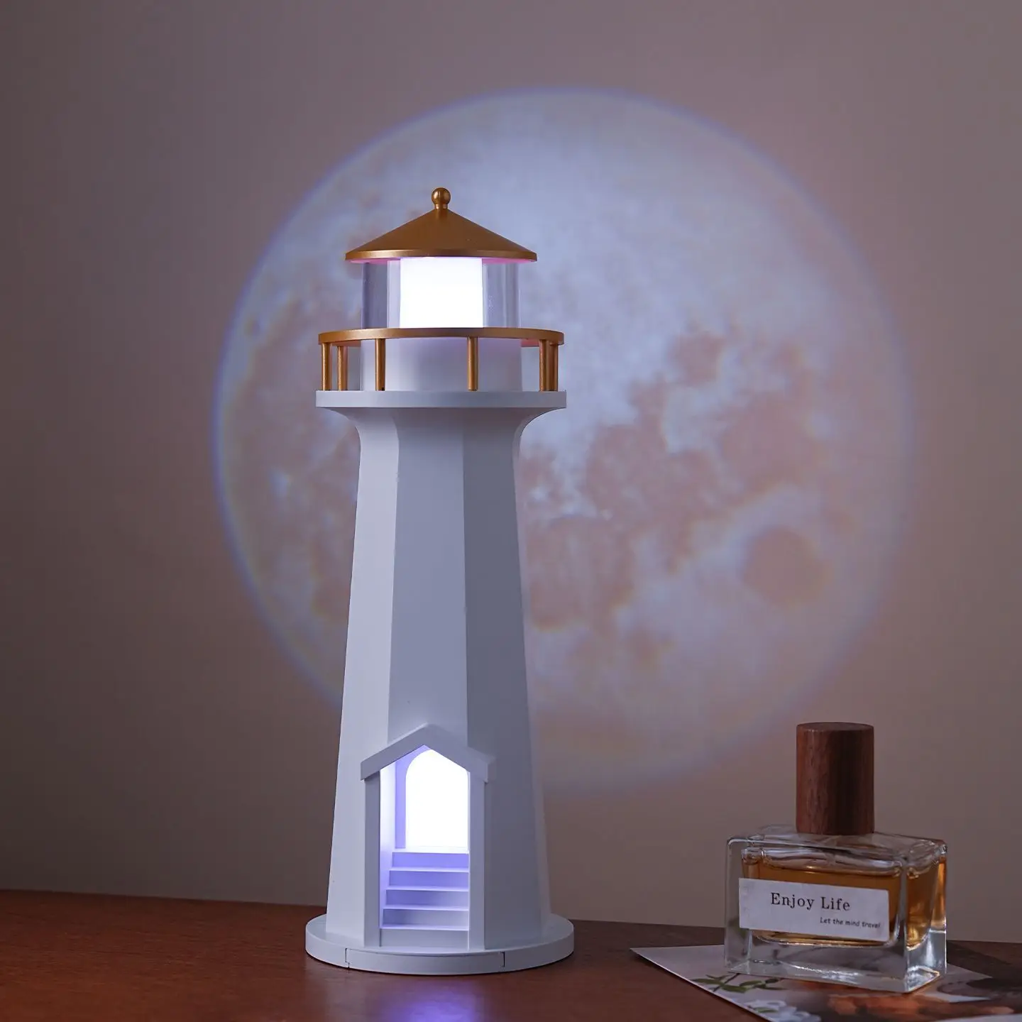 Lighthouse Shaped LED Night Light Projector Moon Pattern Warm Glow Nautical Style Home Decor Bedroom Desk Ambient Lamp